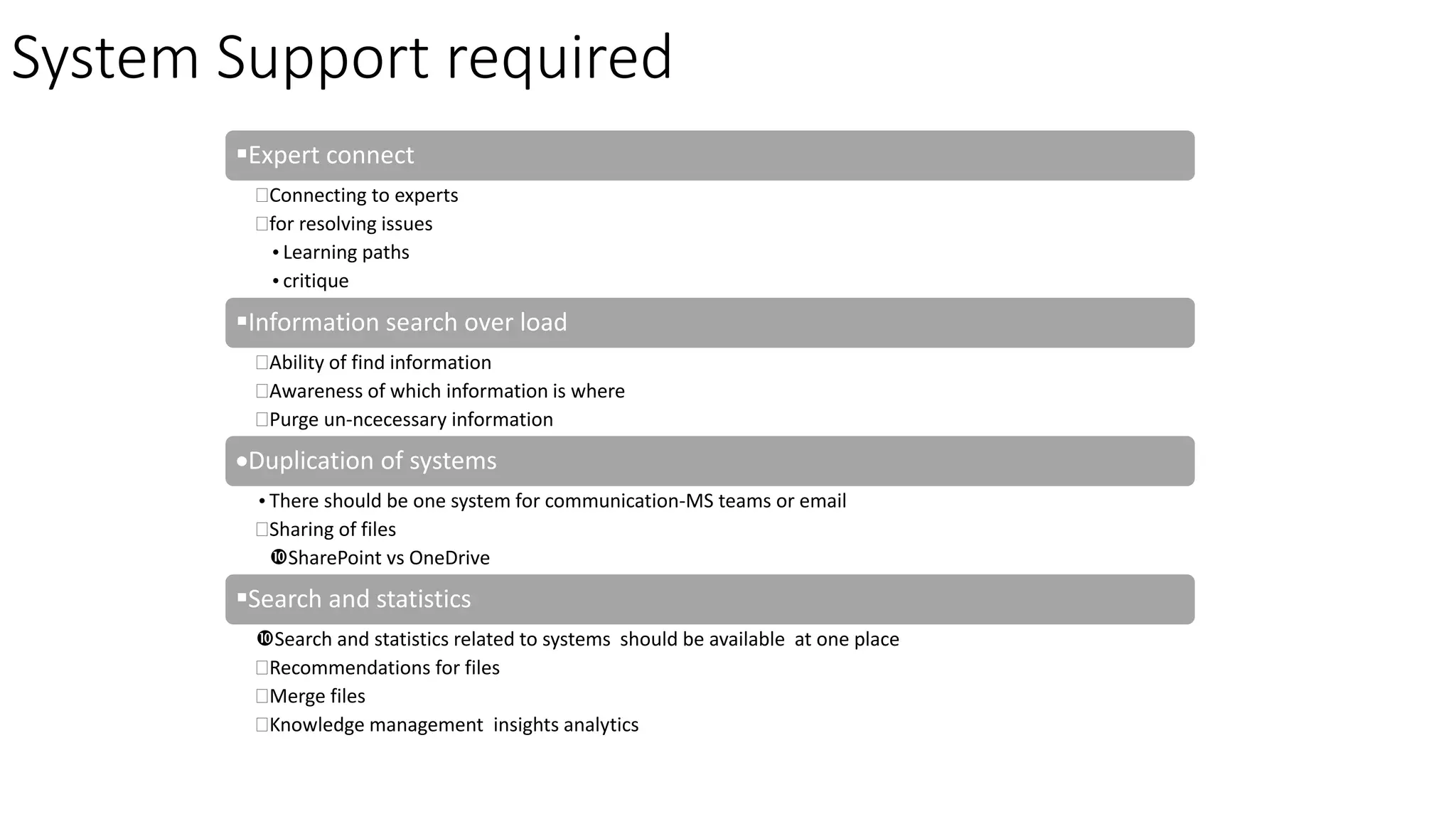System Support required
Expert connect
Connecting to experts
for resolving issues
•Learning paths
•critique
Information search over load
Ability of find information
Awareness of which information is where
Purge un-ncecessary information
Duplication of systems
•There should be one system for communication-MS teams or email
Sharing of files
SharePoint vs OneDrive
Search and statistics
Search and statistics related to systems should be available at one place
Recommendations for files
Merge files
Knowledge management insights analytics
 