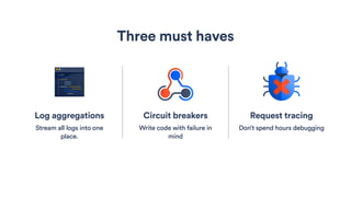 Circuit breakers
Write code with failure in
mind
Three must haves
Request tracing
Don’t spend hours debugging
Log aggregations
Stream all logs into one
place.
 