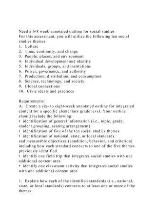 Need a 6-8 week annotated outline for social studies
For this assessment, you will utilize the following ten social
studies themes:
1. Culture
2. Time, continuity, and change
3. People, places, and environment
4. Individual development and identity
5. Individuals, groups, and institutions
6. Power, governance, and authority
7. Production, distribution, and consumption
8. Science, technology, and society
9. Global connections
10. Civic ideals and practices
Requirements:
A. Create a six- to eight-week annotated outline for integrated
content for a specific elementary grade level. Your outline
should include the following:
• identification of general information (i.e., topic, grade,
student grouping, seating arrangement)
• identification of five of the ten social studies themes
• identification of national, state, or local standards
and measurable objectives (condition, behavior, and criterion)
including how each standard connects to one of the five themes
previously identified
• identify one field trip that integrates social studies with one
additional content area
• identify one classroom activity that integrates social studies
with one additional content area
1. Explain how each of the identified standards (i.e., national,
state, or local standards) connects to at least one or more of the
themes.
 