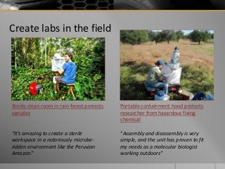 Create labs in the field
Portable containment hood protects
researcher from hazardous fixing
chemical
“Assembly and disassembly is very
simple, and the unit has proven to fit
my needs as a molecular biologist
working outdoors”
Sterile clean room in rain forest protects
samples
“It’s amazing to create a sterile
workspace in a notoriously microbe-
ridden environment like the Peruvian
Amazon.”