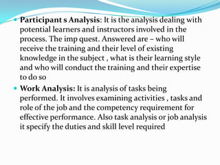  Participant s Analysis: It is the analysis dealing with
  potential learners and instructors involved in the
  process. The imp quest. Answered are – who will
  receive the training and their level of existing
  knowledge in the subject , what is their learning style
  and who will conduct the training and their expertise
  to do so
 Work Analysis: It is analysis of tasks being
  performed. It involves examining activities , tasks and
  role of the job and the competency requirement for
  effective performance. Also task analysis or job analysis
  it specify the duties and skill level required
 