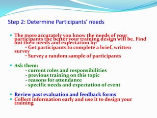 Step 2: Determine Participants’ needs

 The more accurately you know the needs of your
  participants the better your training design will be. Find
  out their needs and expectation by:
       • Get participants to complete a brief, written
  survey
       • Survey a random sample of participants
 Ask them:
      - current roles and responsibilities
      - previous training on this topic
      - reasons for attendance
      - specific needs and expectation of event
 Review past evaluation and feedback forms
 Collect information early and use it to design your
  training
 