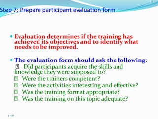 Step 7: Prepare participant evaluation form


    Evaluation determines if the training has
     achieved its objectives and to identify what
     needs to be improved.

    The evaluation form should ask the following:
      Did participants acquire the skills and
     knowledge they were supposed to?
      Were the trainers competent?
      Were the activities interesting and effective?
      Was the training format appropriate?
      Was the training on this topic adequate?

  3 - 36
 