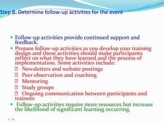 Step 8: Determine follow-up activities for the event



     Follow-up activities provide continued support and
      feedback.
     Prepare follow-up activities as you develop your training
      design and these activities should make participants
      reflect on what they have learned and the process of
      implementation. Some activities include:
       Newsletters and website postings
       Peer observation and coaching
       Mentoring
       Study groups
       Ongoing communication between participants and
      trainees
     Follow-up activities require more resources but increase
      the likelihood of significant learning occurring.
   3 - 37
 