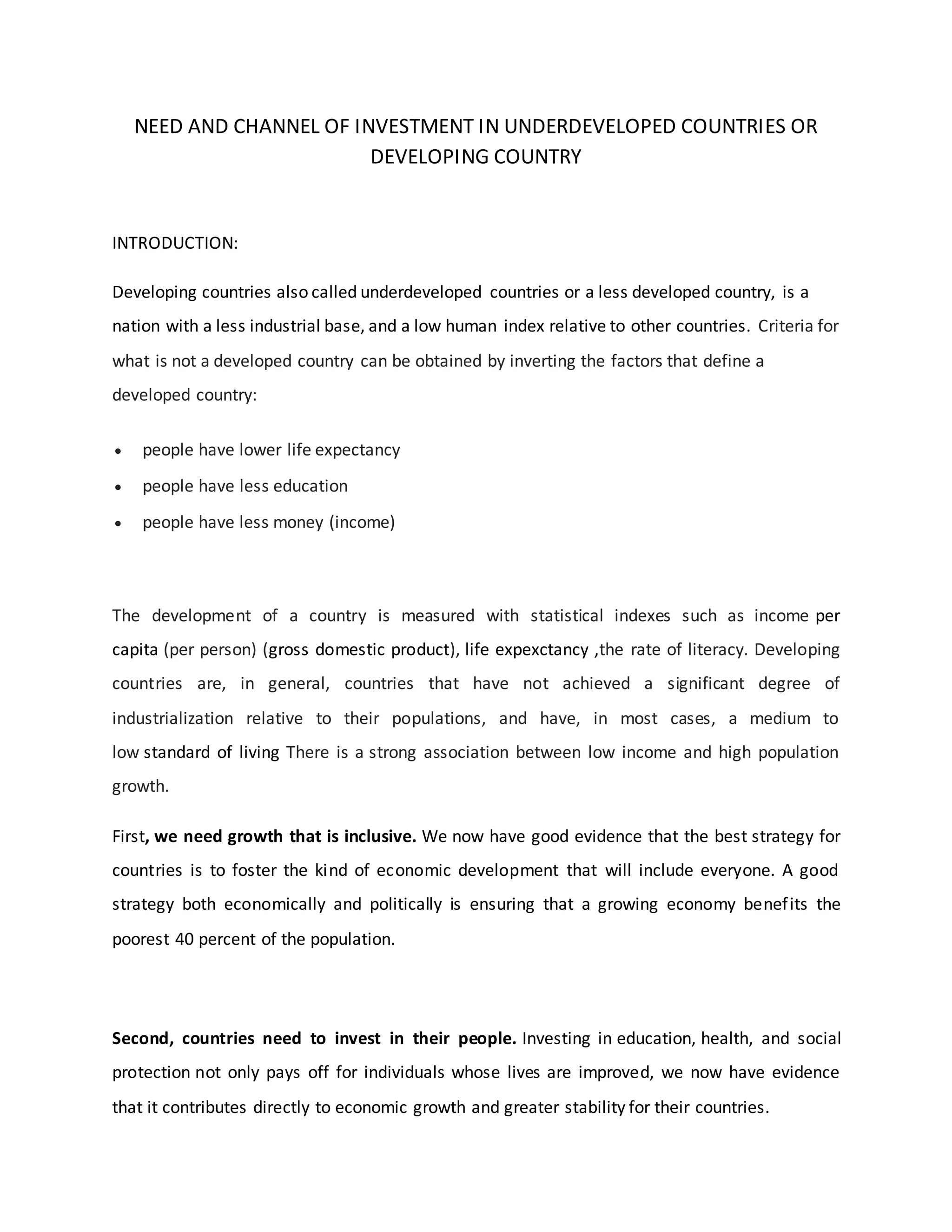 Underdeveloped Need and channel of investment in underdeveloped countries or ...