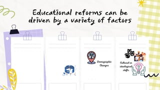 Educational reforms can be
driven by a variety of factors
Demographic
Changes
Cultural or
ideological
shifts
 