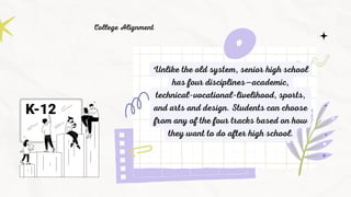 Unlike the old system, senior high school
has four disciplines—academic,
technical-vocational-livelihood, sports,
and arts and design. Students can choose
from any of the four tracks based on how
they want to do after high school.
College Alignment
 