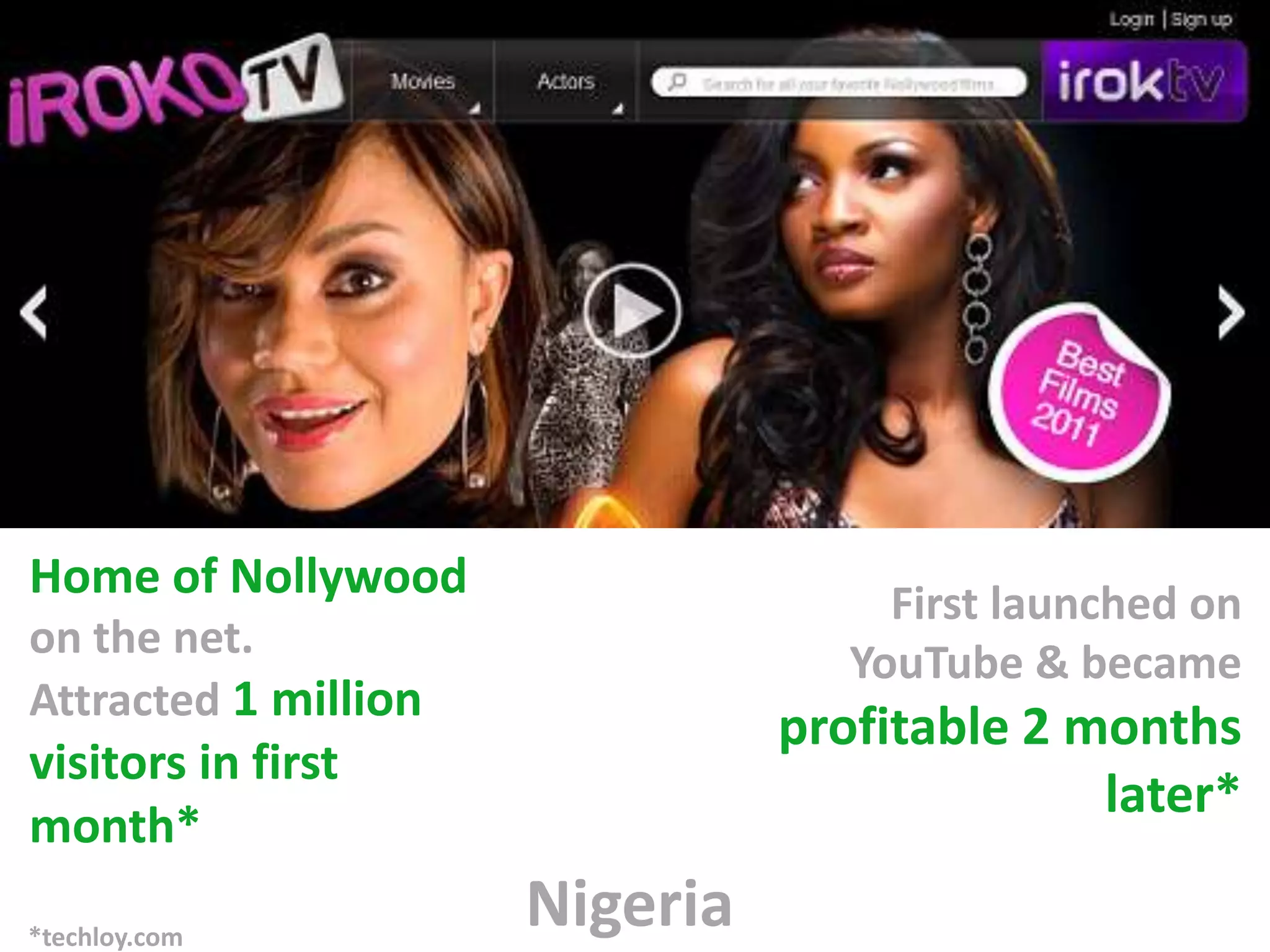 Home of Nollywood                    First launched on
on the net.
                                   YouTube & became
Attracted 1 million
                                profitable 2 months
visitors in first
                                              later*
month*
*techloy.com
                      Nigeria
 