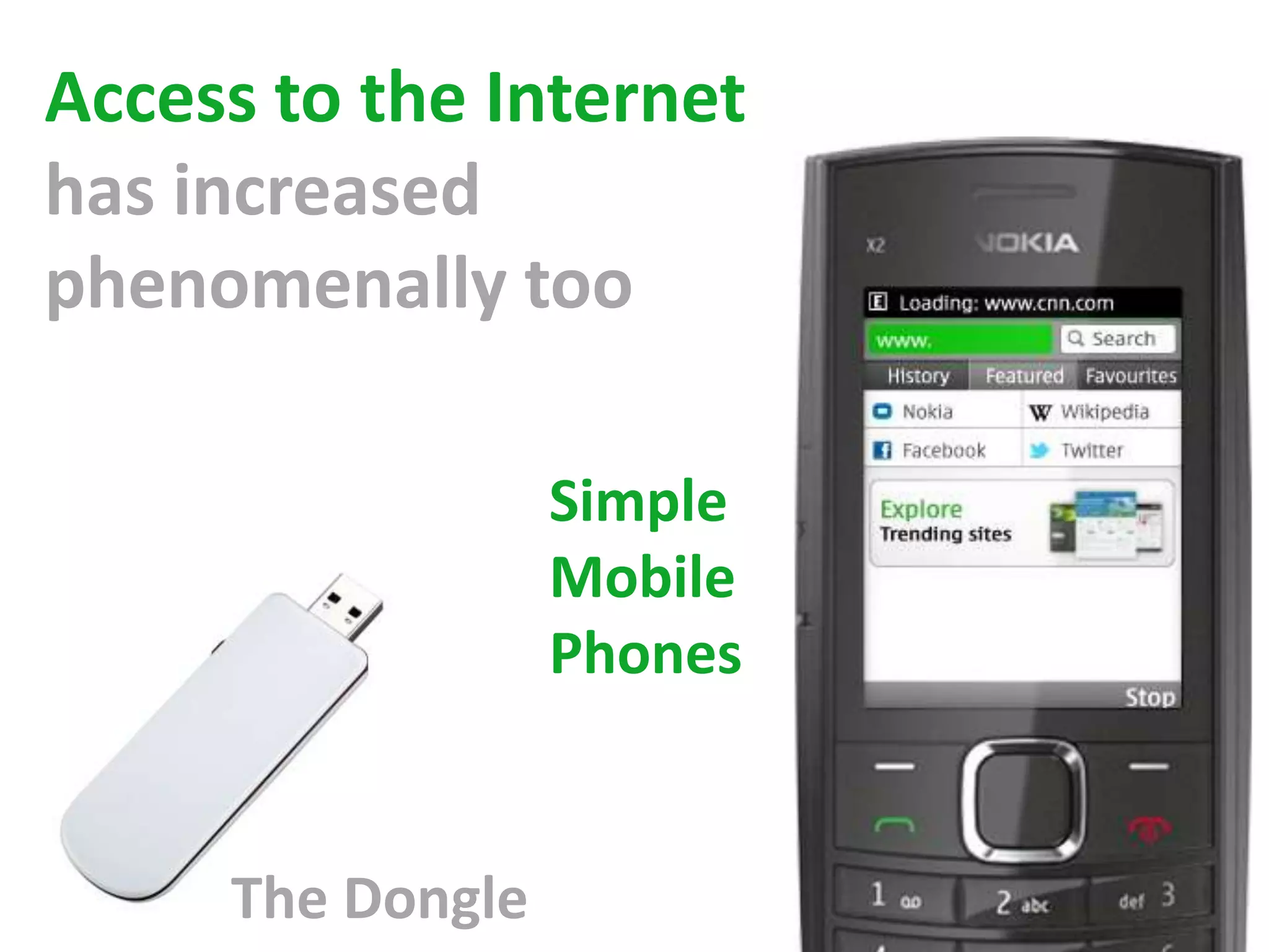 Access to the Internet
has increased
phenomenally too

                  Simple
                  Mobile
                  Phones


     The Dongle
 