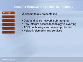 Need for Bandwidth : 64kbps to 100mbps
Overview
Data & Voice
ADSL
VDSL
Triple Play
Thank You
Welcome to my presentation
• Data and voice network sub-merging
• How internet access technology is evolving
• ADSL technology and related protocols
• Network elements and services
Presented by:: Tapos Saha
 