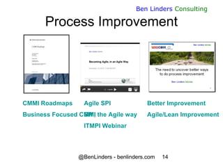 @BenLinders - benlinders.com 14
Ben Linders Consulting
Process Improvement
CMMI Roadmaps
Business Focused CMMI
Agile SPI
S...