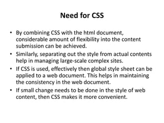 Need for css,introduction to css & basic syntax wt | PPT image.