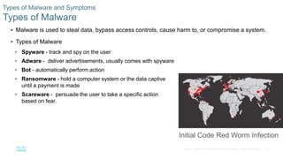 16© 2016 Cisco and/or its affiliates. All rights reserved. Cisco Confidential
Types of Malware and Symptoms
Types of Malware
 Malware is used to steal data, bypass access controls, cause harm to, or compromise a system.
 Types of Malware
• Spyware - track and spy on the user
• Adware - deliver advertisements, usually comes with spyware
• Bot - automatically perform action
• Ransomware - hold a computer system or the data captive
until a payment is made
• Scareware - persuade the user to take a specific action
based on fear.
Initial Code Red Worm Infection
 