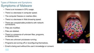 18© 2016 Cisco and/or its affiliates. All rights reserved. Cisco Confidential
Types of Malware and Symptoms
Symptoms of Malware
 There is an increase in CPU usage.
 There is a decrease in computer speed.
 The computer freezes or crashes often.
 There is a decrease in Web browsing speed.
 There are unexplainable problems with network
connections.
 Files are modified.
 Files are deleted.
 There is a presence of unknown files, programs,
or desktop icons.
 There are unknown processes running.
 Programs are turning off or reconfiguring themselves.
 Email is being sent without the user’s knowledge or consent.
 