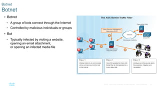 50© 2016 Cisco and/or its affiliates. All rights reserved. Cisco Confidential
Botnet
Botnet
 Botnet
• A group of bots connect through the Internet
• Controlled by malicious individuals or groups
 Bot
• Typically infected by visiting a website,
opening an email attachment,
or opening an infected media file
 