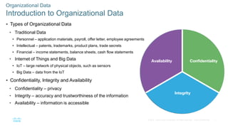 7© 2016 Cisco and/or its affiliates. All rights reserved. Cisco Confidential
 Types of Organizational Data
• Traditional Data
• Personnel – application materials, payroll, offer letter, employee agreements
• Intellectual – patents, trademarks, product plans, trade secrets
• Financial – income statements, balance sheets, cash flow statements
• Internet of Things and Big Data
• IoT – large network of physical objects, such as sensors
• Big Data – data from the IoT
 Confidentiality, Integrity and Availability
• Confidentiality – privacy
• Integrity – accuracy and trustworthiness of the information
• Availability – information is accessible
Organizational Data
Introduction to Organizational Data
 