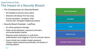 8© 2016 Cisco and/or its affiliates. All rights reserved. Cisco Confidential
 The Consequences of a Security Breach
• Not feasible to prevent every attack
• Attackers will always find new ways
• Ruined reputation, vandalism, theft,
revenue lost, damaged intellectual property
 Security Breach Example - LastPass
• An online password manager
• Stolen email addresses, password reminders,
and authentication hashes
• Requires email verification or multi-factor
authentication when logging in from an unknown device
• Users should use complex master password,
change master password periodically, and beware of
phishing attacks
Organizational Data
The Impact of a Security Breach
 