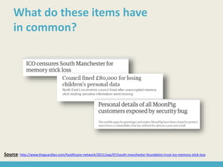 Source: http://www.theguardian.com/healthcare-network/2011/sep/07/south-manchester-foundation-trust-ico-memory-stick-loss
What do these items have
in common?
 