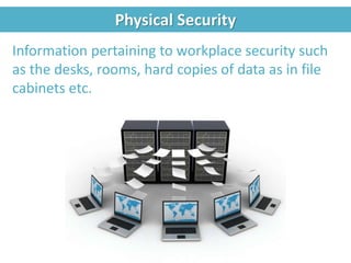 Physical Security
Information pertaining to workplace security such
as the desks, rooms, hard copies of data as in file
cabinets etc.
 