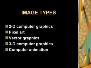 IMAGE TYPES2-D computer graphicsPixel artVector graphics3-D computer graphicsComputer animation