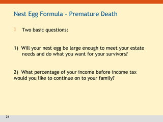 24
Nest Egg Formula - Premature Death
 Two basic questions:
1) Will your nest egg be large enough to meet your estate
needs and do what you want for your survivors?
2) What percentage of your income before income tax
would you like to continue on to your family?
 
