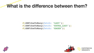 #[ORMOneToMany(fetch: ‘LAZY')]
#[ORMOneToMany(fetch: ‘EXTRA_LAZY')]
#[ORMOneToMany(fetch: ‘EAGER')]
What is the difference between them?
 