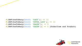 #[ORMOneToMany(fetch: ‘LAZY')] => 11
#[ORMOneToMany(fetch: ‘EXTRA_LAZY')] => 11
#[ORMOneToMany(fetch: ‘EAGER')] => 9
#[ORMOneToMany(fetch: ‘EAGER')] => 5 (OrderItem and Product)
 