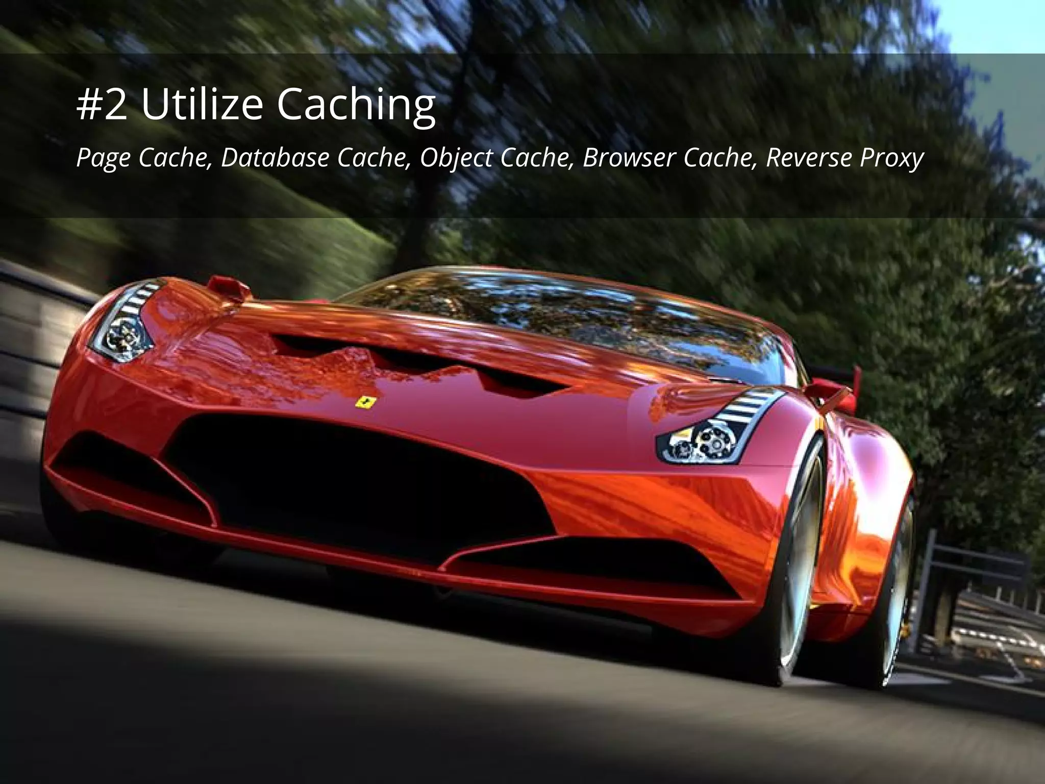 #2 Utilize Caching
Page Cache, Database Cache, Object Cache, Browser Cache, Reverse Proxy
 