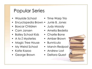 Popular Series 
• Wayside School 
• Encyclopedia Brown 
• Boxcar Children 
• Cam Jansen 
• Bailey School Kids 
• A to Z Mysteries 
• Magic Tree House 
• My Weird School 
• Katie Kazoo 
• George Brown 
• Time Warp Trio 
• Junie B. Jones 
• Judy Moody 
• Amelia Bedelia 
• Charlie Bone 
• Ivy & Bean 
• Bunnicula 
• Marvin Redpost 
• Andrew Lost 
• Deltora Quest 
 