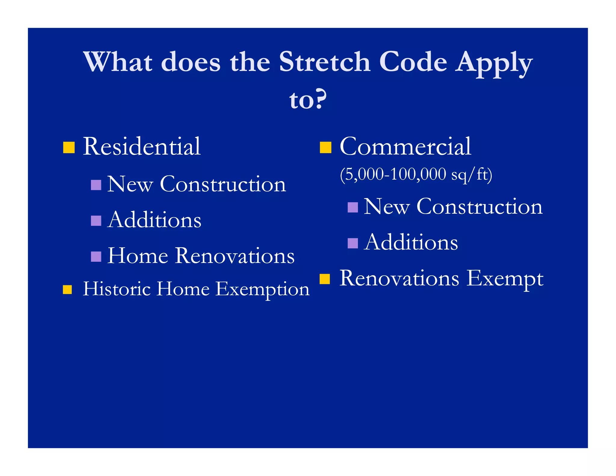 What does the Stretch Code Apply
                   to?
   Residential                  Commercial
                                  (5,000-
                                  (5,000-100,000 sq/ft)
     New  Construction
                                   New  Construction
     Additions
                                   Additions
     Home Renovations
   Historic Home Exemption      Renovations Exempt
 