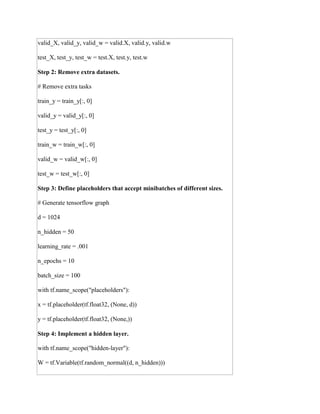valid_X, valid_y, valid_w = valid.X, valid.y, valid.w
test_X, test_y, test_w = test.X, test.y, test.w
Step 2: Remove extra datasets.
# Remove extra tasks
train_y = train_y[:, 0]
valid_y = valid_y[:, 0]
test_y = test_y[:, 0]
train_w = train_w[:, 0]
valid_w = valid_w[:, 0]
test_w = test_w[:, 0]
Step 3: Define placeholders that accept minibatches of different sizes.
# Generate tensorflow graph
d = 1024
n_hidden = 50
learning_rate = .001
n_epochs = 10
batch_size = 100
with tf.name_scope("placeholders"):
x = tf.placeholder(tf.float32, (None, d))
y = tf.placeholder(tf.float32, (None,))
Step 4: Implement a hidden layer.
with tf.name_scope("hidden-layer"):
W = tf.Variable(tf.random_normal((d, n_hidden)))
 