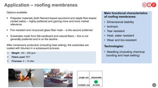 10
Application – roofing membranes
 Weight: 120 – 250 gsm
 Fibers used: PET
 Fineness: 4 – 10 dtex
251
Options available:
 Polyester materials (both filament-based spunbond and staple fiber-based
carded webs) – highly preferred and gaining more and more market
relevance.
 Fire resistant and rot-proved glass fiber mats – is the second preferred.
 Substrates made from felt-cardboard and natural fibers – this is not
generally preferred and is on the decline.
After nonwovens production (including heat setting), the substrates are
coated with bitumen in a subsequent process.
Main functional characteristics
of roofing membranes:
• Dimensional stability
• Isotropic
• Tear resistant
• Heat, water resistant
• Wear and bio-resistant
Technologies:
• Needling (including chemical
bonding and heat setting)
single use
multiple use durable
disposable
 