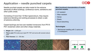 7
Application – needle punched carpets
 Weight: 250 – 2,000 gsm
 Fibers used: PA mostly spun-dyed PP, PET and some with several colours
used
 Fiber fineness: 3.3 – 300 dtex
165
Needle punched carpets are tailor-made for the extreme
demands of office buildings, conference rooms, exhibitions and
other public areas.
Consisting of more than 10 fiber types/colours, they require
extensive blending and carding processes to obtain a web
of extreme uniformity.
Carpet backings are low-cost needled nonwovens from PP, R-
PET, reclaimed cotton and other cheap materials.
Main functional characteristics of needle
punched carpets:
• UV resistant
• Wear resistant
• Dense
• Elastic
• Sound absorbing
Technologies
• Mechanical needling with 2 cards and
2 crosslappers
single use
multiple use durable
disposable
 
