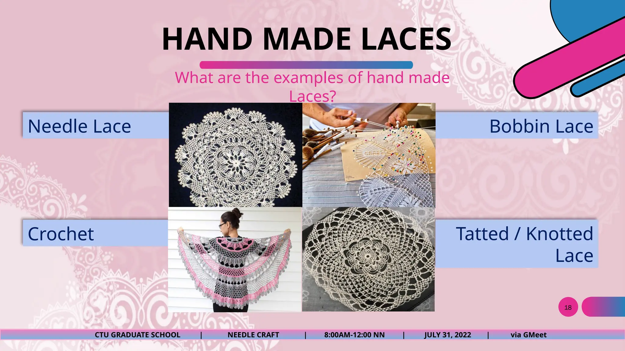 NEEDLE CRAFT LACE MAKING, DESIGNS, DEFINITIONS.pptx