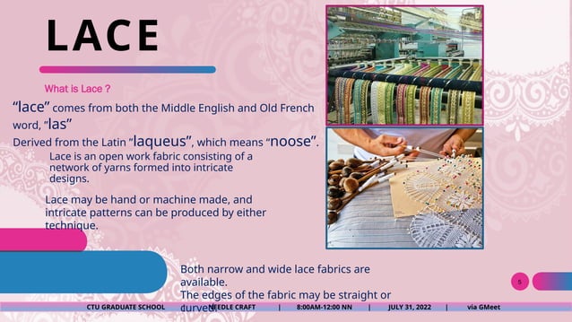 NEEDLE CRAFT LACE MAKING, DESIGNS, DEFINITIONS.pptx | Needlework | Arts ...