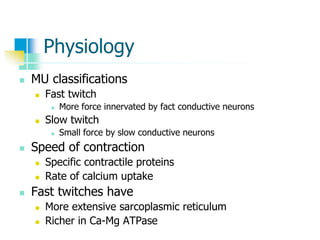 Physiology
 MU classifications
 Fast twitch
 More force innervated by fact conductive neurons
 Slow twitch
 Small force by slow conductive neurons
 Speed of contraction
 Specific contractile proteins
 Rate of calcium uptake
 Fast twitches have
 More extensive sarcoplasmic reticulum
 Richer in Ca-Mg ATPase
 