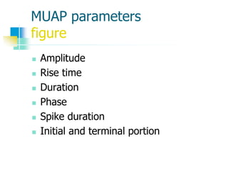 MUAP parameters
figure
 Amplitude
 Rise time
 Duration
 Phase
 Spike duration
 Initial and terminal portion
 