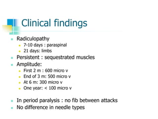 Clinical findings
 Radiculopathy
 7-10 days : paraspinal
 21 days: limbs
 Persistent : sequestrated muscles
 Amplitude:
 First 2 m : 600 micro v
 End of 3 m: 500 micro v
 At 6 m: 300 micro v
 One year: < 100 micro v
 In period paralysis : no fib between attacks
 No difference in needle types
 