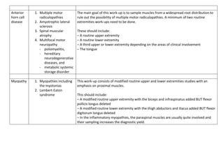 Anterior
horn cell
disease
1. Multiple motor
radiculopathies
2. Amyotrophic lateral
sclerosis
3. Spinal muscular
atrophy
4. Multifocal motor
neuropathy
- poliomyelitis,
- hereditary
neurodegenerative
diseases, and
- metabolic systemic
storage disorder
The main goal of this work-up is to sample muscles from a widespread root distribution to
rule out the possibility of multiple motor radiculopathies. A minimum of two routine
extremities work-ups need to be done.
These should include:
– A routine upper extremity
– A routine lower extremity
– A third upper or lower extremity depending on the areas of clinical involvement
– The tongue
Myopathy 1. Myopathies including
the myotonias
2. Lambert-Eaton
syndrome
This work-up consists of modified routine upper and lower extremities studies with an
emphasis on proximal muscles.
This should include:
– A modified routine upper extremity with the biceps and infraspinatus added BUT flexor
pollicis longus deleted
– A modified routine lower extremity with the thigh abductors and iliacus added BUT flexor
digitorum longus deleted
– In the inflammatory myopathies, the paraspinal muscles are usually quite involved and
their sampling increases the diagnostic yield.
 