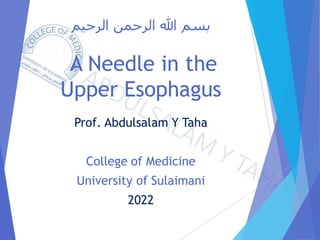 ‫الرحيم‬ ‫الرحمن‬ ‫هللا‬ ‫بسم‬
A Needle in the
Upper Esophagus
Prof. Abdulsalam Y Taha
College of Medicine
University of Sulaimani
2022
 