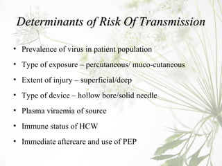 Determinants of Risk Of TransmissionDeterminants of Risk Of Transmission
• Prevalence of virus in patient population
• Typ...