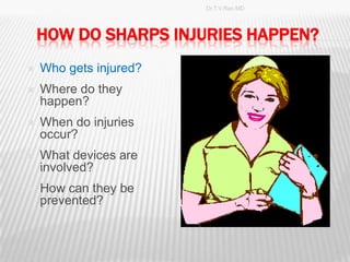 Dr.T.V.Rao MD




    HOW DO SHARPS INJURIES HAPPEN?
   Who gets injured?
   Where do they
    happen?
   When do injuries
    occur?
   What devices are
    involved?
   How can they be
    prevented?


                                        12
 