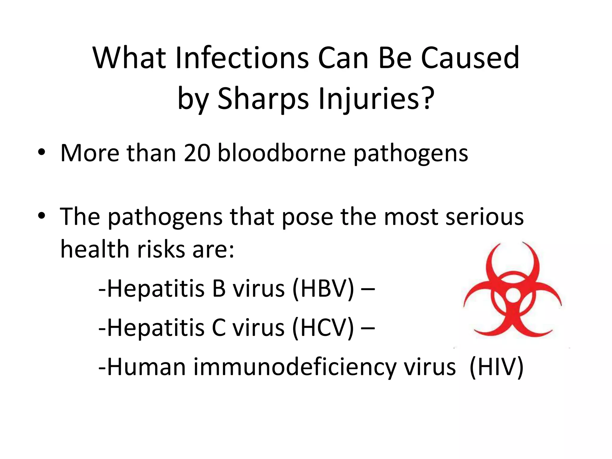What Infections Can Be Caused
by Sharps Injuries?
• More than 20 bloodborne pathogens
• The pathogens that pose the most serious
health risks are:
-Hepatitis B virus (HBV) –
-Hepatitis C virus (HCV) –
-Human immunodeficiency virus (HIV)
 