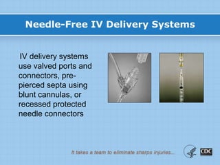 Needle-Free IV Delivery Systems
IV delivery systems
use valved ports and
connectors, pre-
pierced septa using
blunt cannulas, or
recessed protected
needle connectors
 