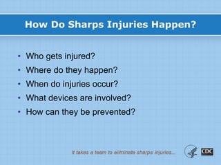 How Do Sharps Injuries Happen?
• Who gets injured?
• Where do they happen?
• When do injuries occur?
• What devices are involved?
• How can they be prevented?
 