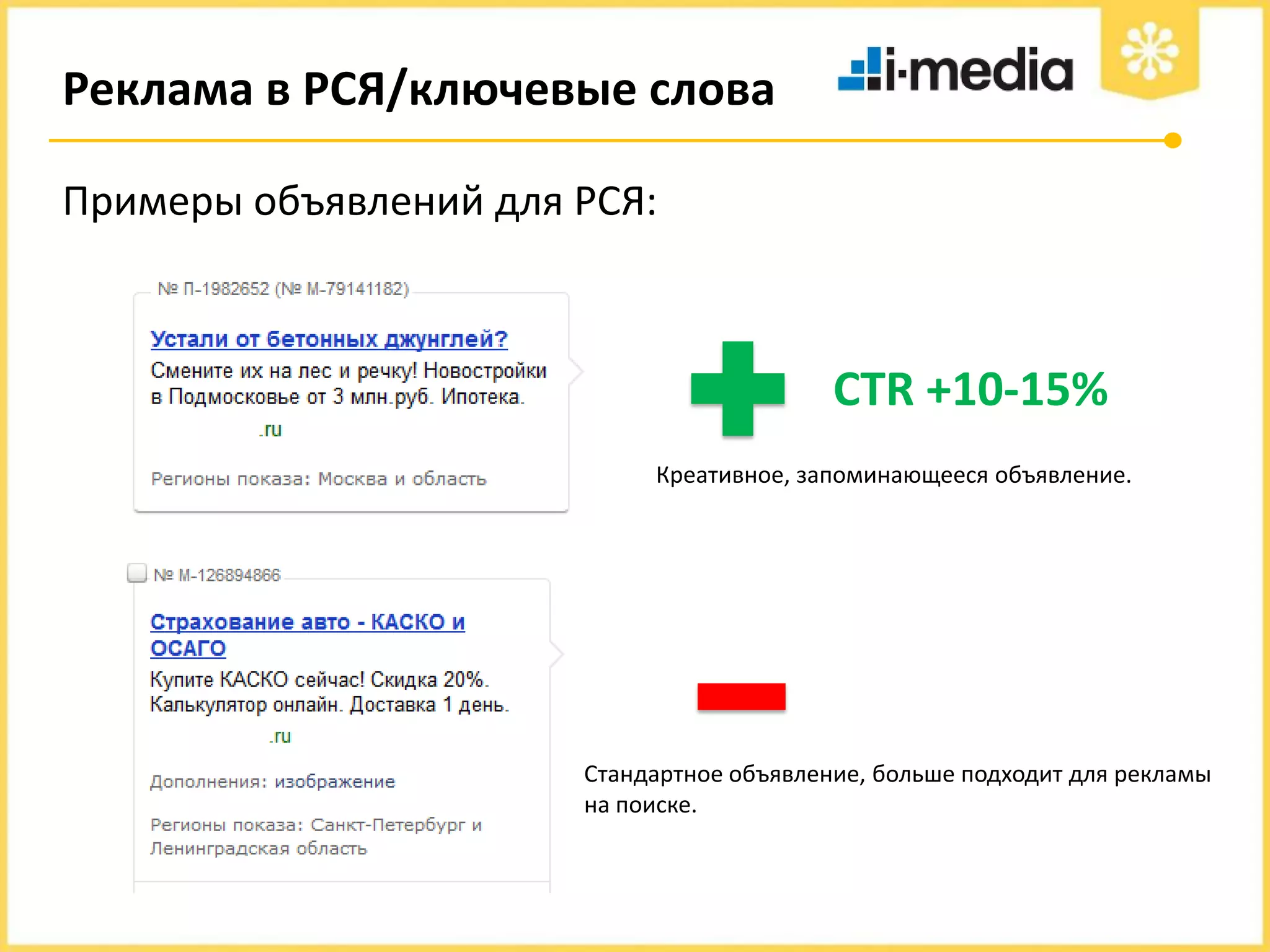 Реклама в РСЯ/ключевые слова
Примеры объявлений для РСЯ:

CTR +10-15%
Креативное, запоминающееся объявление.

Стандартное объявление, больше подходит для рекламы
на поиске.

 