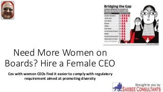 Need More Women on
Boards? Hire a Female CEO
Cos with women CEOs find it easier to comply with regulatory
requirement aimed at promoting diversity
 