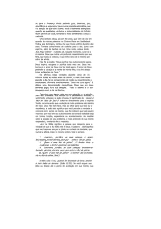 se para a Presença Vivida pedindo guia, diretrizes, paz,
abundância e segurança, haverá uma resposta automática, que
é a benção de que fala o Salmo. Você é realmente abençoado
quando as qualidades, atributos e potencialidades do Infinito
fluem através de você, tornando-o mais semelhante a Deus a
cada dia.
Uma senhora idosa, já com 9O anos, que vem de vez em
quando às minhas palestras no Cinema Plaza em Saddleback
Valley aos domingos, contou-me que tivera artrite durante dez
anos. Tomava comprimidos de codeína para a dor, junto com
aspirina, além de banhos de luz. Uma noite, estava lendo
Sua Força Interior e decidiu ali, naquele momento, curar-se a
si mesma. Disse que nutria um profundo ressentimento por sua
filha, que nunca a visitava, e que tinha raiva de si mesma por
sofrer de artrite.
Esta foi a oração: "Deus purifica meu subconsciente agora.
Deus inspira, recupera e purifica todo meu ser. Deus me
ilumina e o amor de Deus me faz total agora. O amor de Deus
preenche o coração e a mente de minha filha, e eu lhe desejo
todas as bênçãos de Deus."
Ela afirmou estas verdades durante cerca de 15
minutos todas as noites antes de dormir, e mais duas vezes
durante o dia. Se os pensamentos de medo ou ressentimento a
assaltassem, afirmaria imediatamente: "Deus me cura agora." E
obteve uma demonstração maravilhosa. Disse que em duas
semanas jogou fora sua bengala. Todo o edema e a dor
desapareceram, e ela se libertou.
Descobriu que dentro dela era sua salvação — a soluçãopara seu problema. Sua virtude foi o pensamento virtuoso, o
sentimento virtuoso e a ação virtuosa. O significado de buscar a
face do Deus de Jacó é voltar-se diretamente para o espírito
Vivido, reconhecendo que a solução de todo problema está dentro
de você. Deus não tem face, mas ao olhar para sua face eu o
reconheço, e tudo isso significa que você percebe a verdade e
concorda com as leis da mente, que lhe indicam que tudo aquilo
impresso por você em seu subconsciente se tornará realidade seja
em forma, função, experiência ou acontecimento. Ao meditar
sobre a solução de seu problema, o mais profundo de sua mente
responderá, revelando-lhe a resposta.
Jacó na Bíblia significa a pessoa que desperta para a
verdade de que o EU SOU nele é Deus. A palavra Selá significa
que você repousa em paz e júbilo no rochedo da Verdade, que
nunca se altera, mas é o mesmo ontem, hoje e sempre.
7. Levantem, portões, as suas cabeças, e sejam
levantados, portais eternos, para que entre o Rei da glória.
8. Quem é esse Rei da glória? O Senhor forte e
poderoso, o Senhor poderoso nas batalhas.
9. Levantem, portões, as suas cabeças; levantem-se
também, portais eternos, para que entre o Rei da glória.
10. Quem é esse Rei da glória? O Senhor dos Exércitos,
ele é o Rei da glória. (Selá.)
A Bíblia dia: E eu, quando for levantado da terra, atrairei
a mim todos os homens (João 12:32). Se você erguer sua
idéia ou desejo até o ponto de aceitação em sua mente, sua
 
