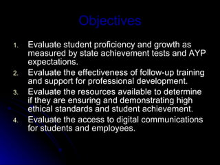 Objectives Evaluate student proficiency and growth as measured by state achievement tests and AYP expectations. Evaluate the effectiveness of follow-up training and support for professional development. Evaluate the resources available to determine if they are ensuring and demonstrating high ethical standards and student achievement. Evaluate the access to digital communications for students and employees. 