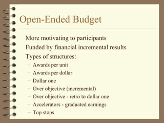 Open-Ended Budget
More motivating to participants
Funded by financial incremental results
Types of structures:
– Awards per unit
– Awards per dollar
– Dollar one
– Over objective (incremental)
– Over objective - retro to dollar one
– Accelerators - graduated earnings
– Top stops
 